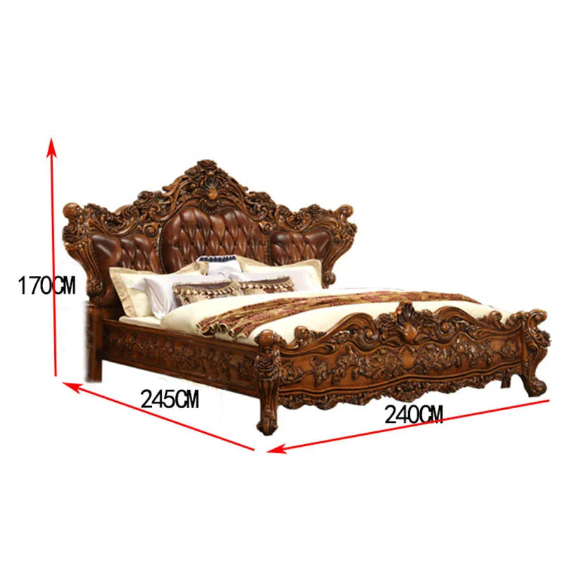 European-style Leather Bed All Solid Wood Carved Bed Large Villa 2m Carved Top Layer Cowhide Bed Wedding Bed Furniture