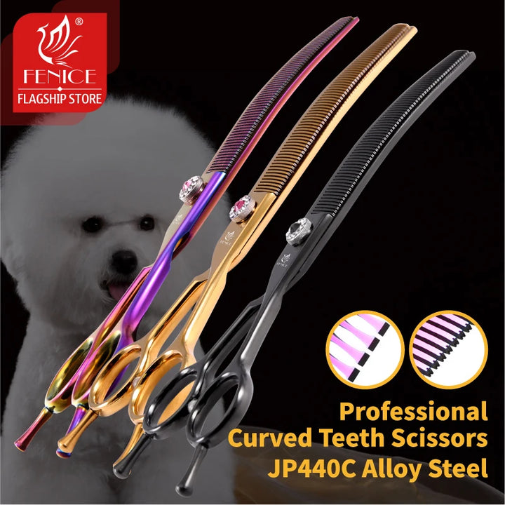 Fenice 7.25 inch professional dog grooming scissors curved chunkers scissors thinning shears for pet hair tijeras tesoura