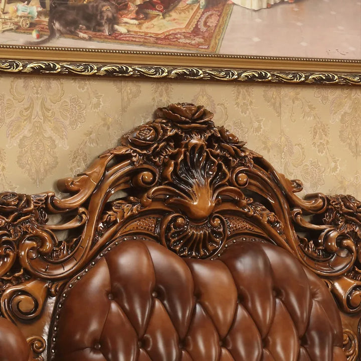 European-style Leather Bed All Solid Wood Carved Bed Large Villa 2m Carved Top Layer Cowhide Bed Wedding Bed Furniture