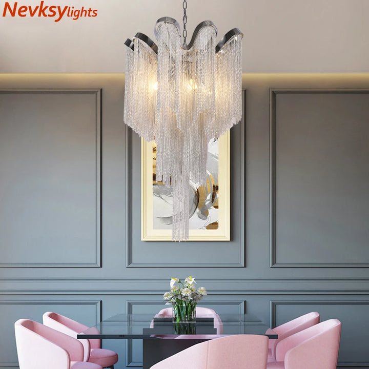 Modern tassel chandelier lighting living room villa dinner party ceiling lamp silver metal fixtures wedding silver chandelier