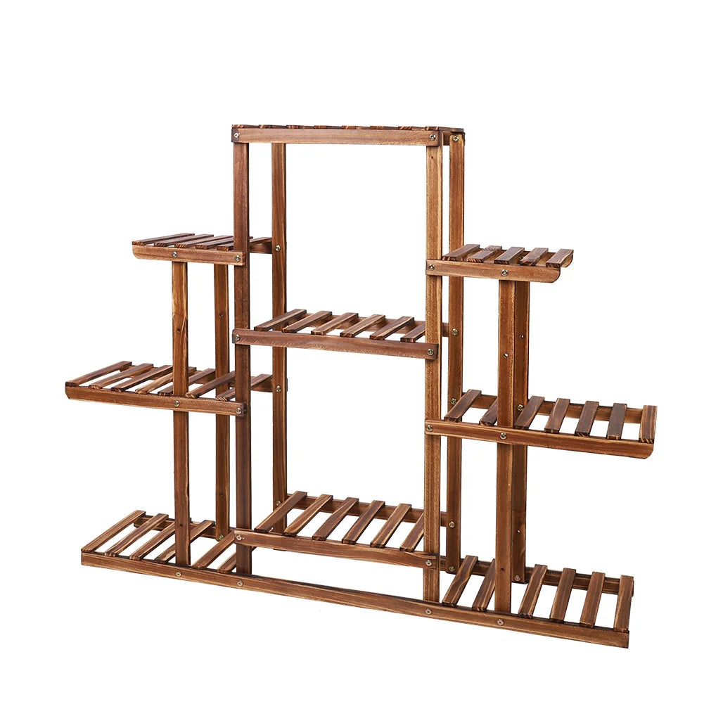 Multi-tiered Plant Stand 9 Tier Carbonized Wood Flower Rack Display Stand Indoor