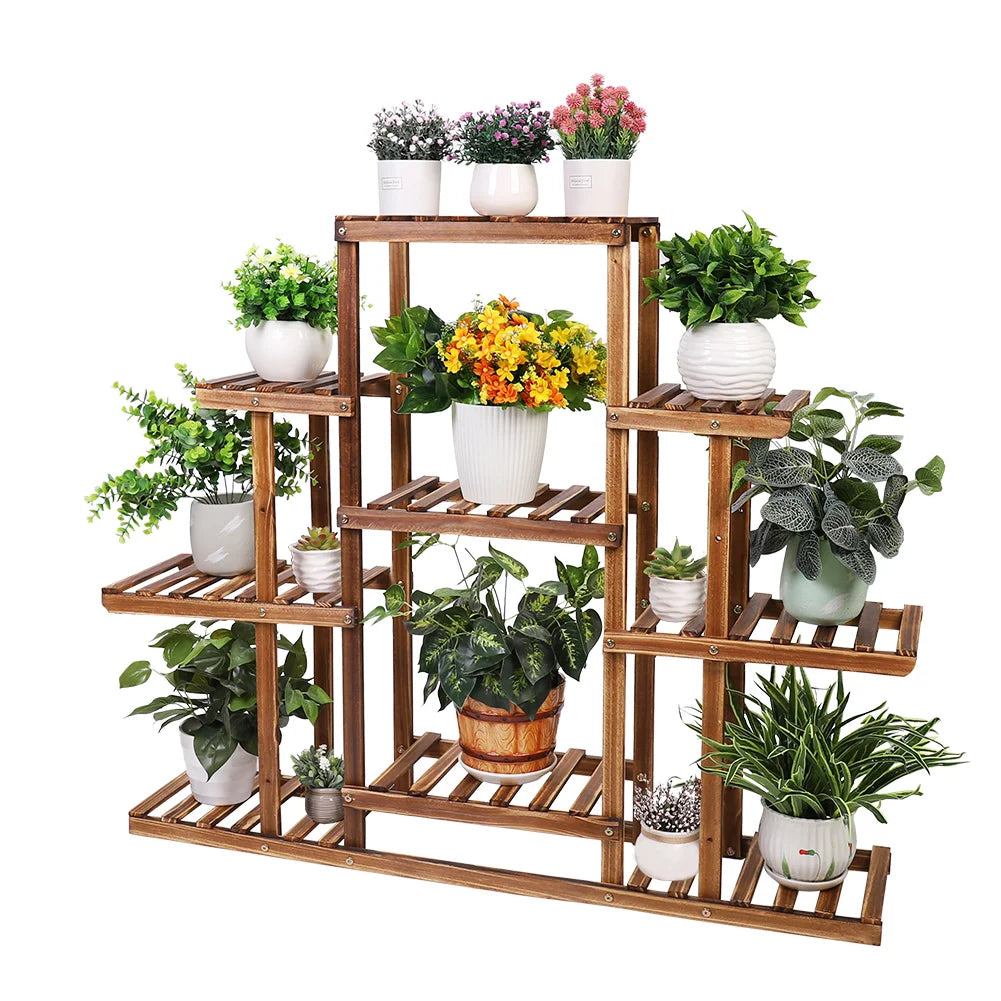 Multi-tiered Plant Stand 9 Tier Carbonized Wood Flower Rack Display Stand Indoor