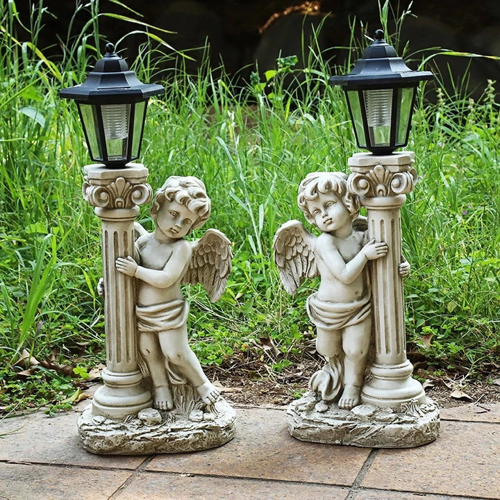 49cm Antique Angel Sculpture Courtyard Furnishings Indoor and Outdoor Solar Street Lamp Garden Landscape Decoration Resin Craft