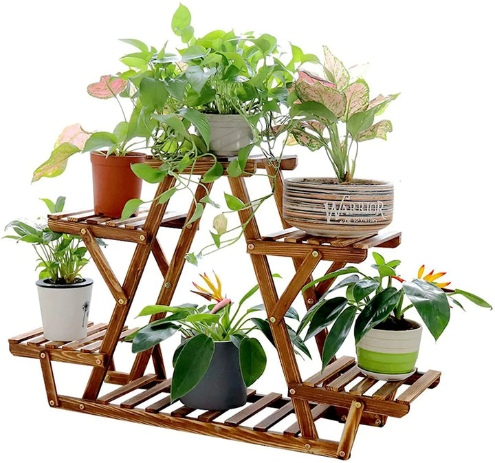 6 Tiered Wood Plant Stand Indoor Outdoor Carbonized Triangle Corner Plant Rack