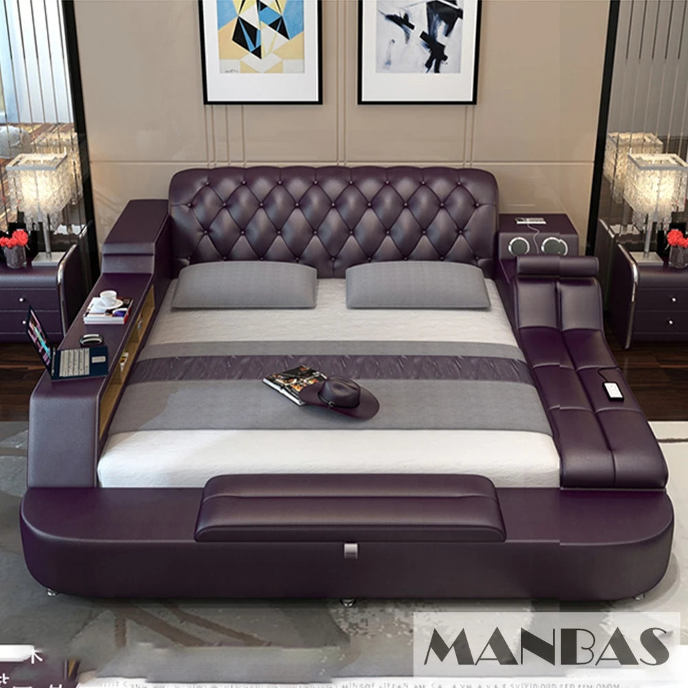 Genuine leather bed frame Soft Beds massager storage safe speaker LED light Bedroom cama muebles de dormitorio / camas quarto