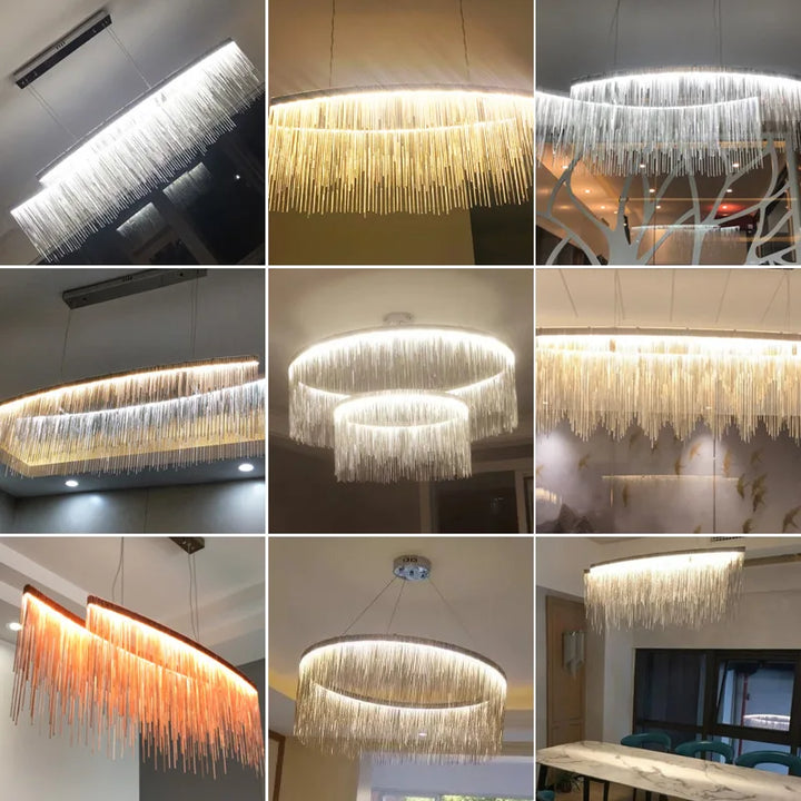 Nordic LED Aluminum Tassel Chandeliers Waterfall Hanging Lighting Living Room Hotel Hall Villa Art Decor Pendant Light Dimmable