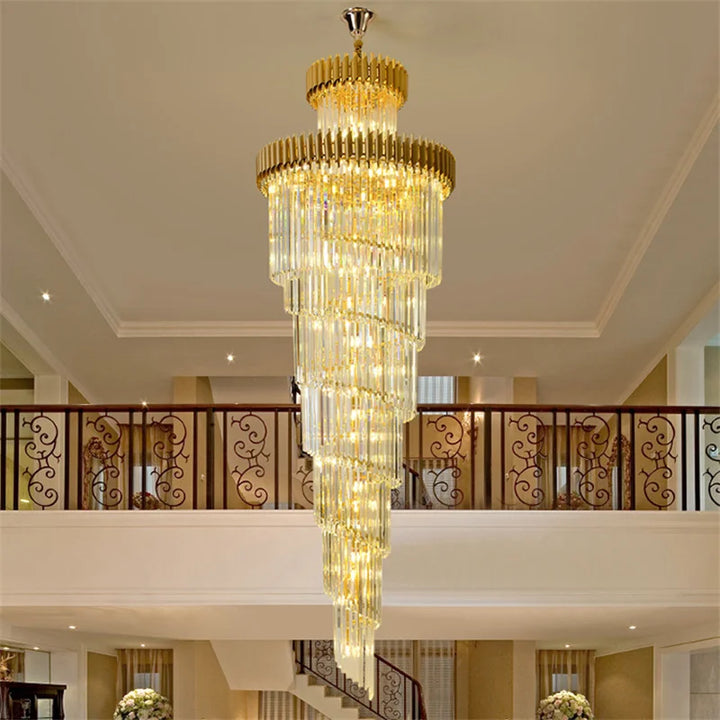 Large LED Luxury Crystal Chandeliers Long Spiral Hanging Pendant Lighting Living Room Villa Stair Suspension Gold Black Lustre