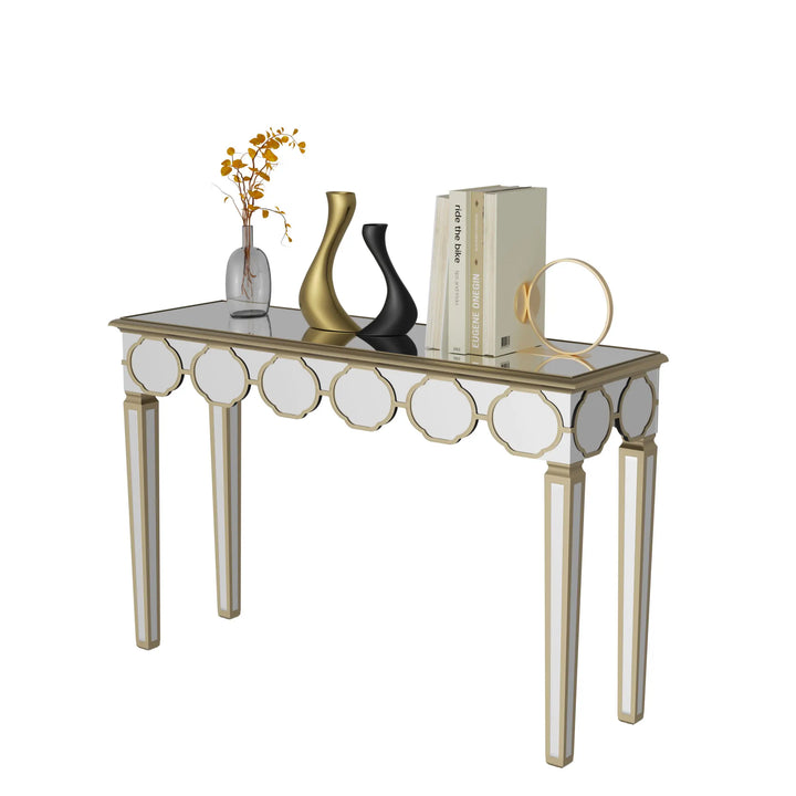 Rectangular Mirrored Console Table Mirror Entryway Table Lantern-shape Pattern with Gold Rim Modern Home Furniture 4 Legs