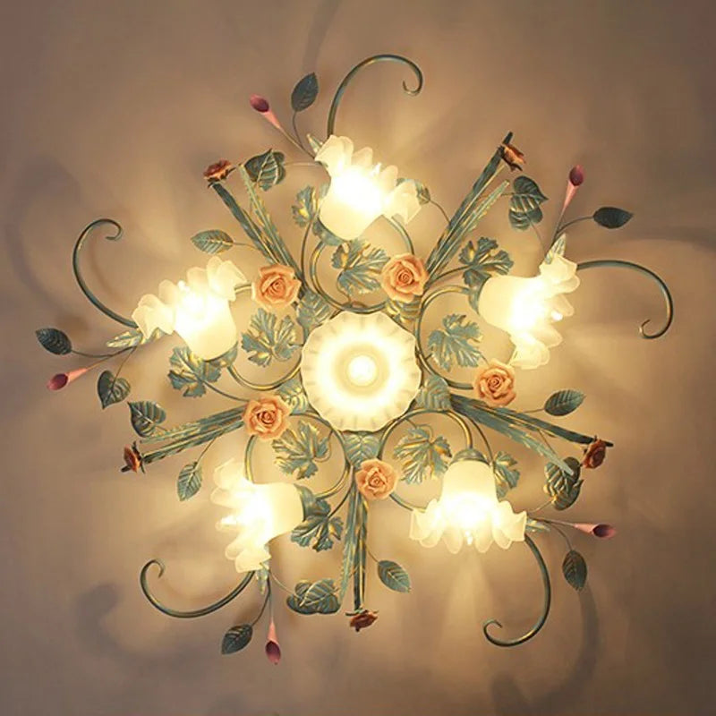 American LED Ceiling Lights Living Room Handmade Iron Rose Flower Lamp Bedroom Kitchen Lamps Korean Light Fixtures For Celling