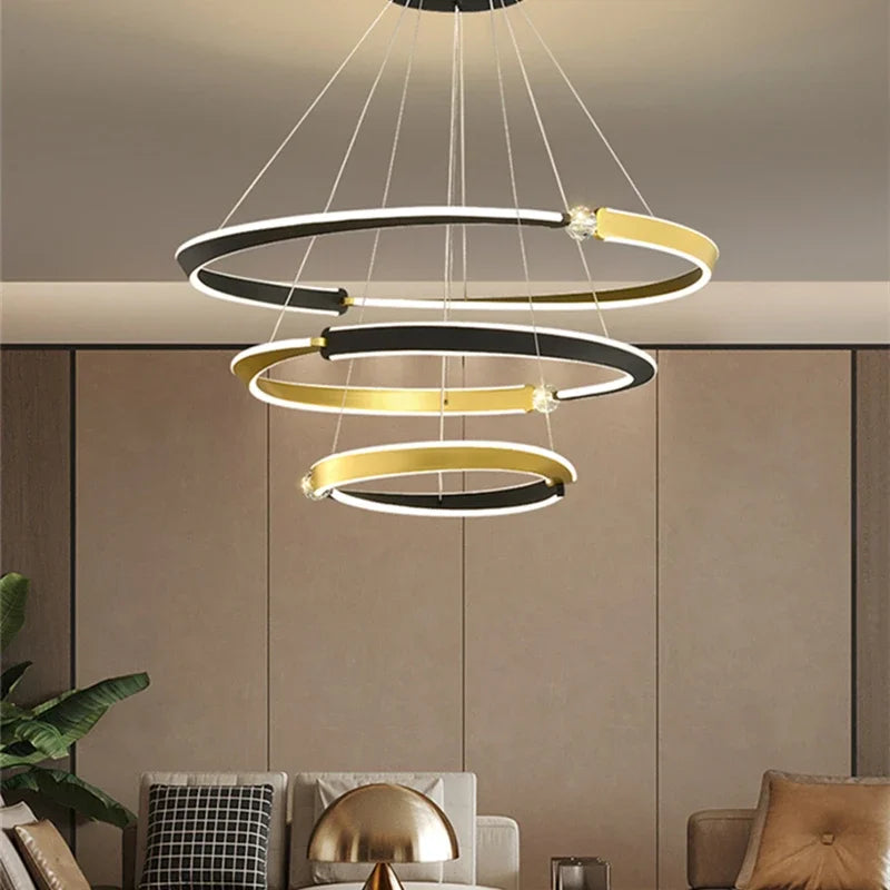 Led Black Gold Ceiling Chandeliers Multiple Ring Pendant Lights for Dining Room Bedroom Villa Home Decor Aluminum Crystal Lamps