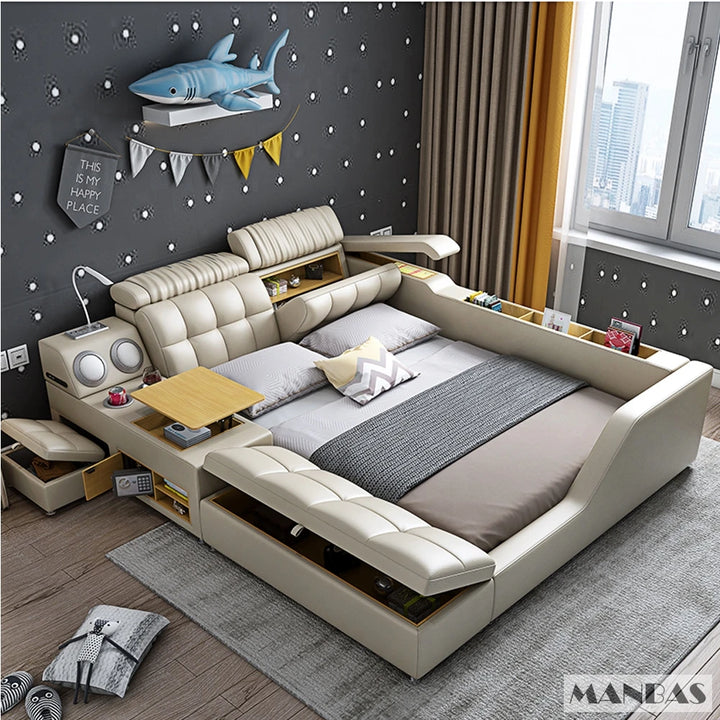 MINGDIBAO Tech Smart Bed 2 People - King Size Multifunctional Ultimate Bed Frame Queen with Genuine Leather,Bluetooth Speaker