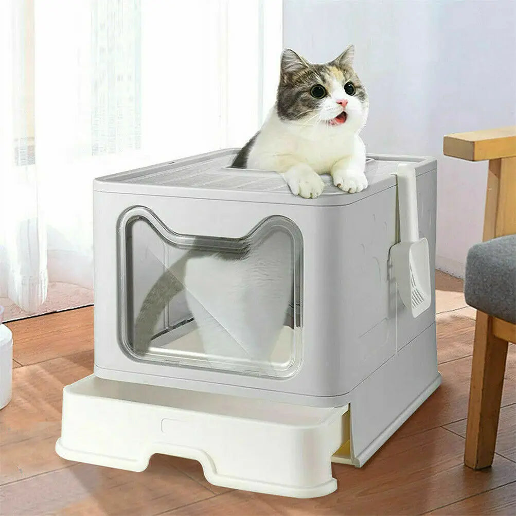 Front-Entry Top-Exit Foldable Cat Litter Box with Lid &  Plastic Scoop for Large Kitty