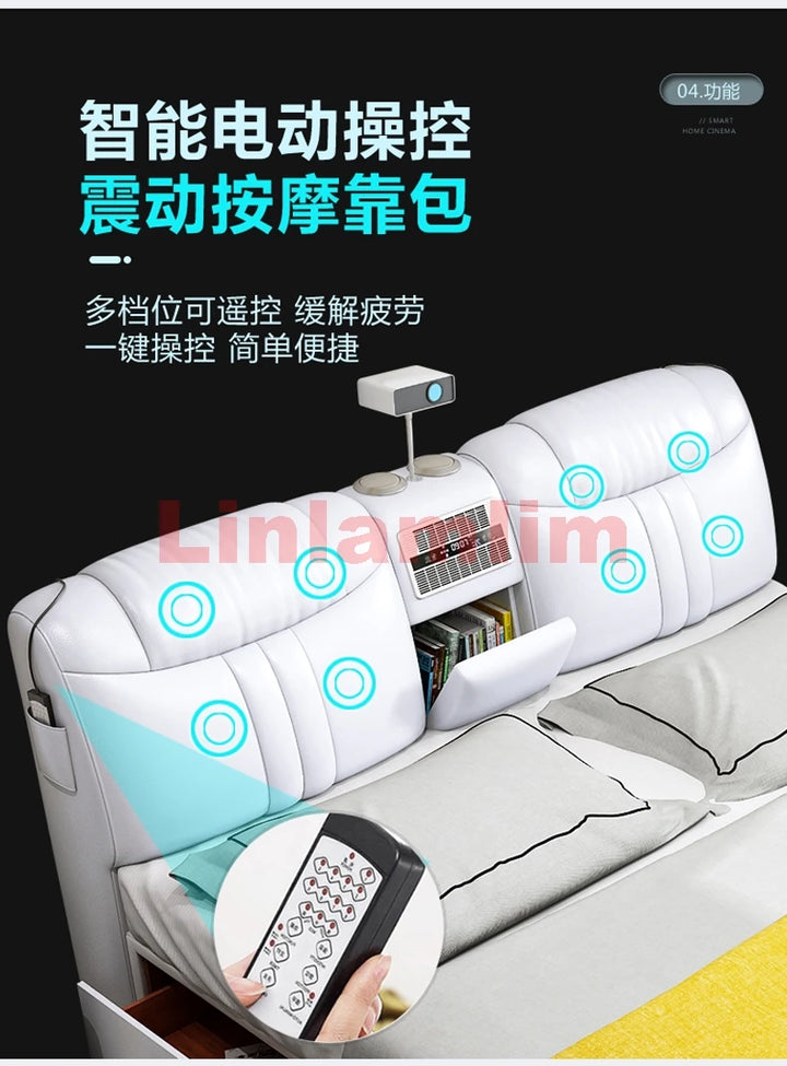 MINGDIBAO Tech-Smart Multifunctional Bed Genuine Leather Ultimate Camas Tatami Lit with Massage, Projector, Air Purifier,Speaker