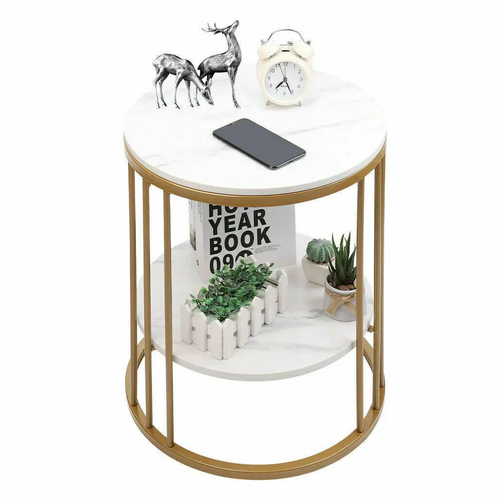 Modern  Moroccan Minimalist Round Marble Gold Accent Table / Coffee Table / Nightstand - 2 Tiers Storage