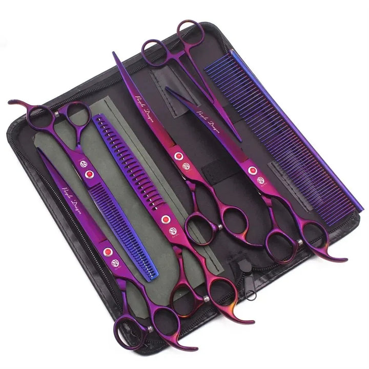 Purple Dragon 8-inch Pet Fishbone Scissors Straight Scissors Curved Poodle Dog Grooming Trimming Hair Beauty Set Tools