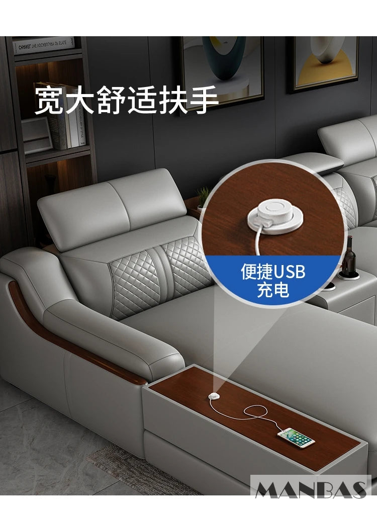 Stylish Italian Genuine Leather Sofa for Living Room with Cup Holder, USB, Adjustable Headrests & Bluetooth Speaker - MINGDIBAO