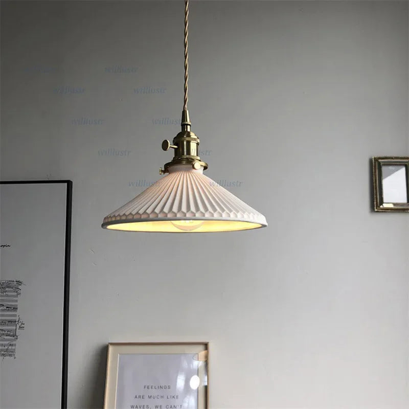 Retro Ceramic Pendant Lamp Brass Suspension Light Hotel Restaurant Bedside Porch Bar Porcelain Hanging Ceiling Chandelier