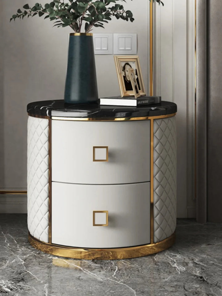 Light luxury round bedside table modern simple solid wood marble night stand  American high-end Italian storage cabinet