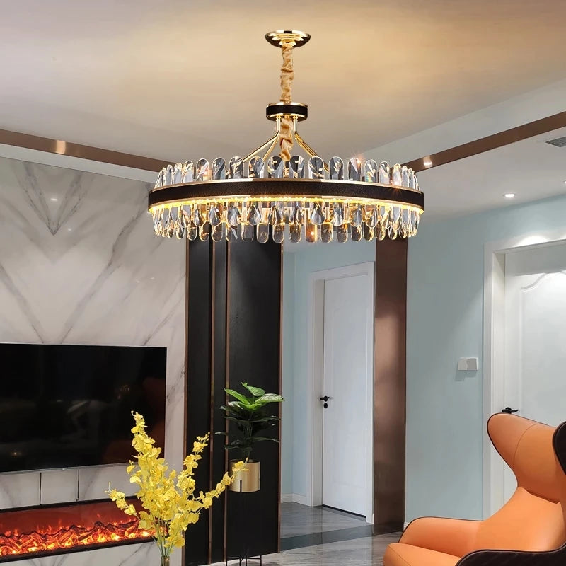 Modern Black and Gold Chandeliers Lighting Round LED Chandelier Crystal  for Living Room Lustre Suspension Luminaire Lamp