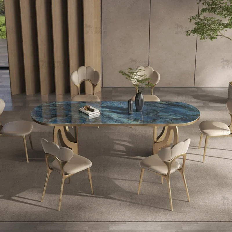 Luxury Kitchen Dining Table Set for 6 People with Metal Legs and Marble Top