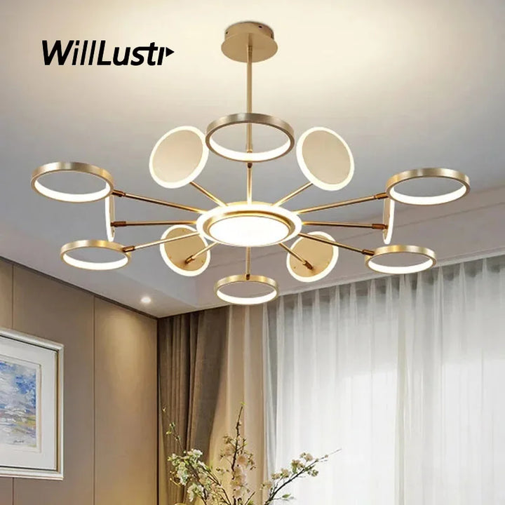 Iron Acrylic Molecular Pendant Lamp Metal Ring Suspension Light Hotel Cafe Bar Dimmable LED Hanging Ceiling Chandelier