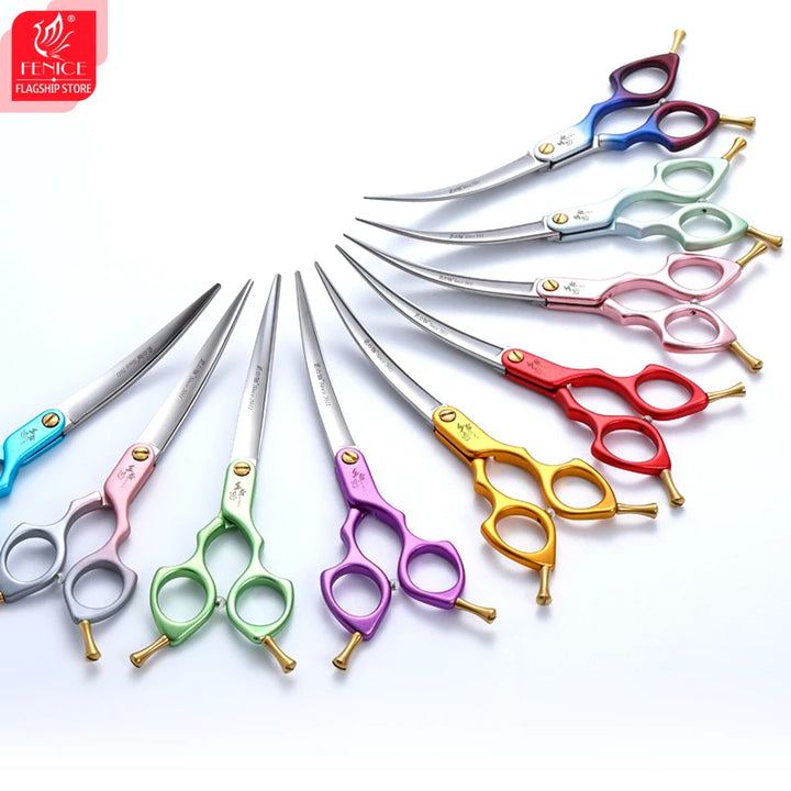 Fenice Professional Colourful 6.5 Inch JP VG10 Steel Pet Dog Grooming Shears 35° Curved Scissors with High Quality Alloy Handle