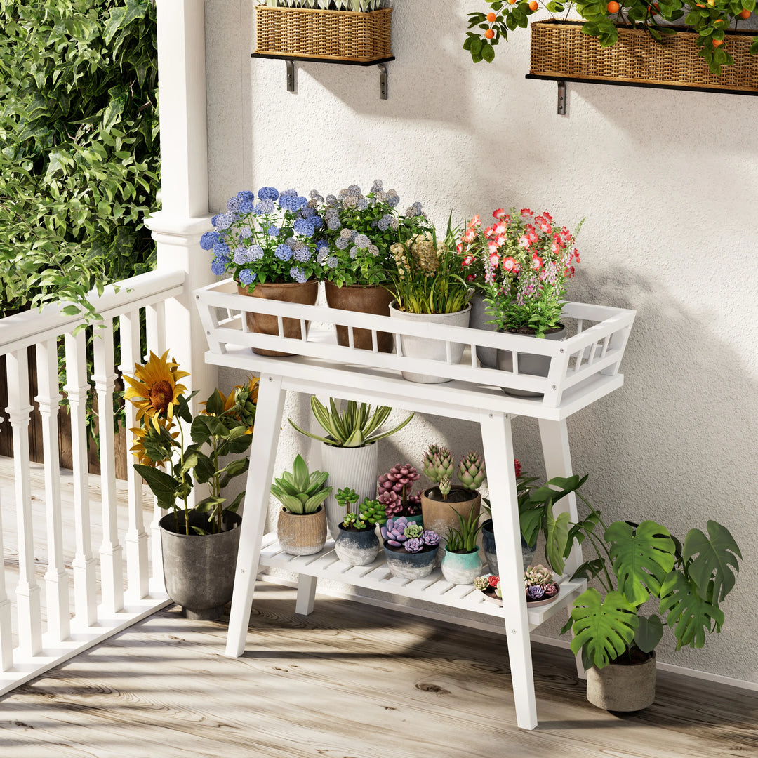 Rectangle Plant Stand White 2-Tier Modern Side Table with Display Shelvings Wood Flower Pot Rack Planter Storage Shelf Holder