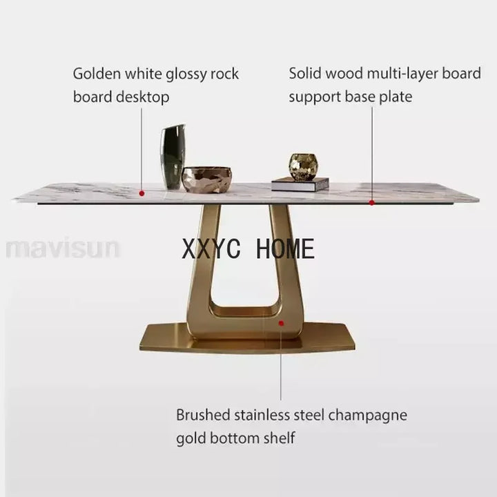 Golden Luxurious Dining Room Sets Steel Base Plate Kitchen Glossy Rock Board Rectangle Table Top Comedor Kitchen Furniture