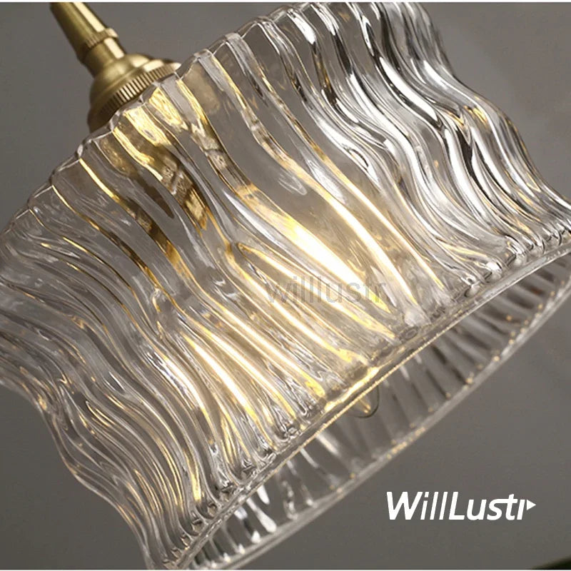 Ribbed Wave Glass Brass Pendant Lamp Clear Crystal Antique Hotel Bedroom Handmade Ceiling Chandelier Suspension Hanging Lighting