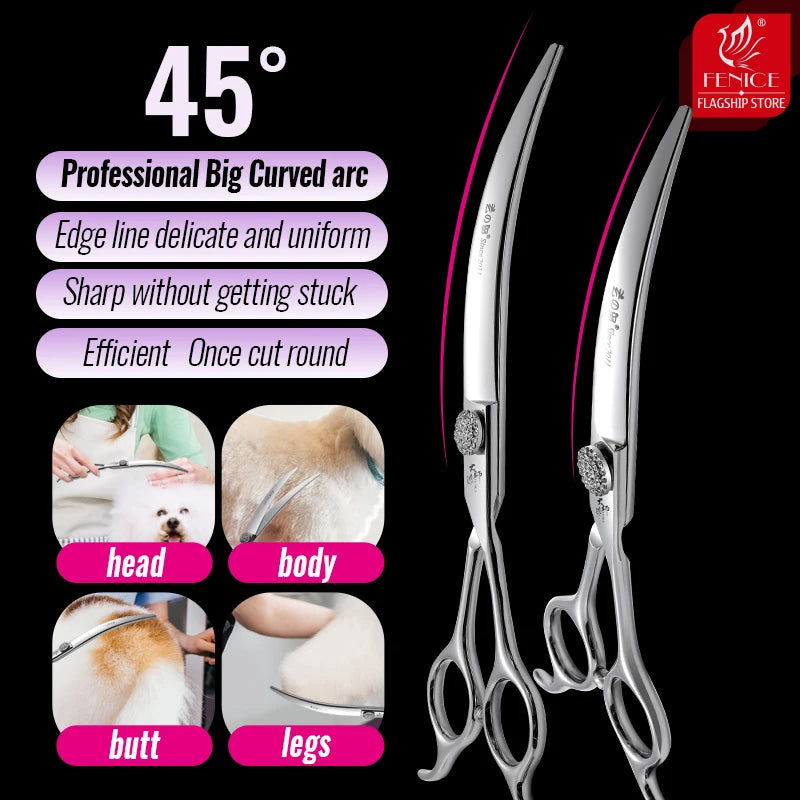 Fenice High-end 6.5/7.5 inch JP440C Bright Steel Brilliant Diamond Screw Pet Grooming Curved Scissors for Groomers