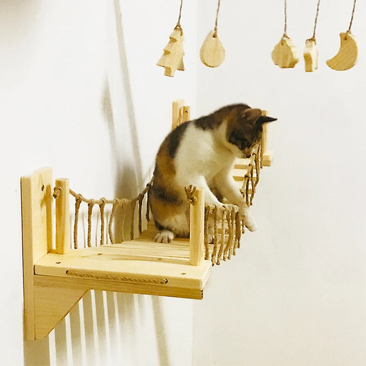 Wall Mounted Cat Bridge Pet Cat Tree House Bed Hammock Sisal Cat Ladder Step Scratcher Post Cat Climbing Frame Furniture Cat Toy