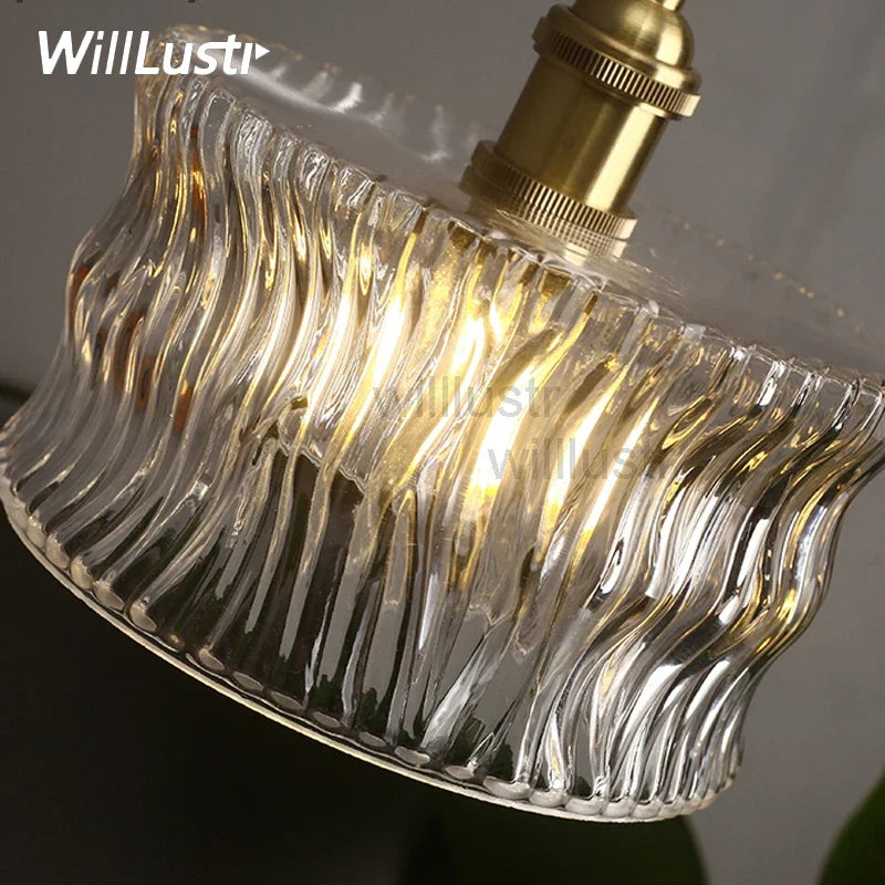 Ribbed Wave Glass Brass Pendant Lamp Clear Crystal Antique Hotel Bedroom Handmade Ceiling Chandelier Suspension Hanging Lighting