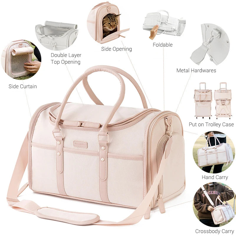 Luxury Pet Carrier Bag for Small Dogs Nude Pink Portable Dog Travel Bag Breathable Anti-Scratch Oxofrd Pet Handbag Tote Foldable