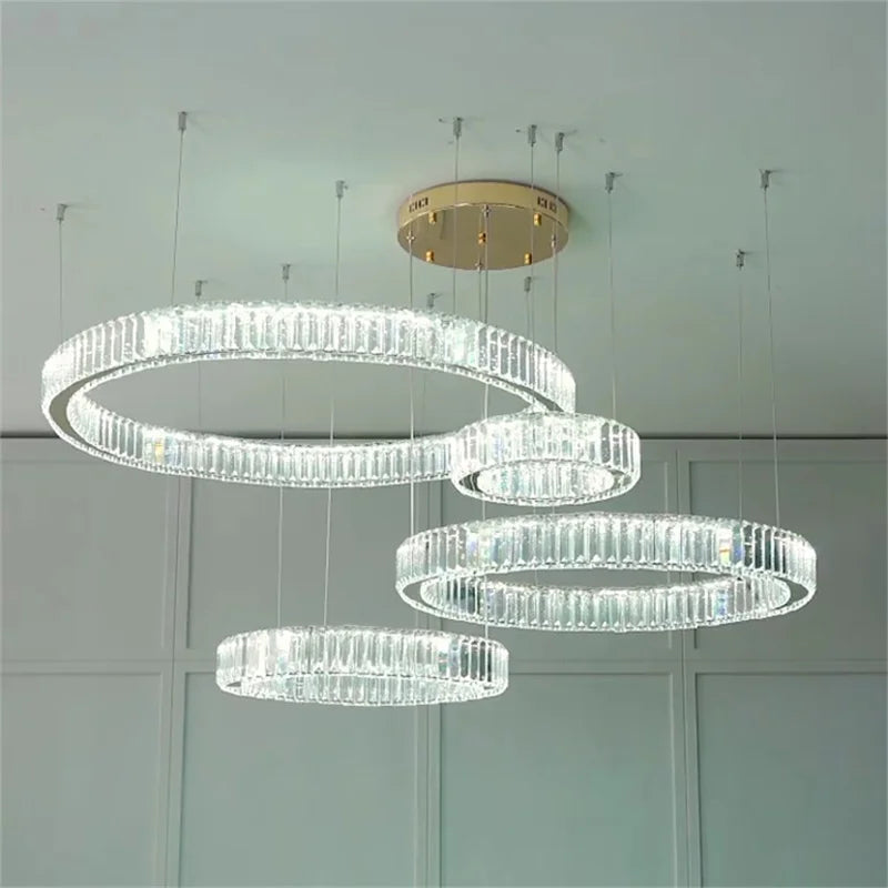 Modern Luxury Crystal Chandelier Circle Rings Staircase Chandelier Living Room Decoration Ceiling Chandelier Led Lighting