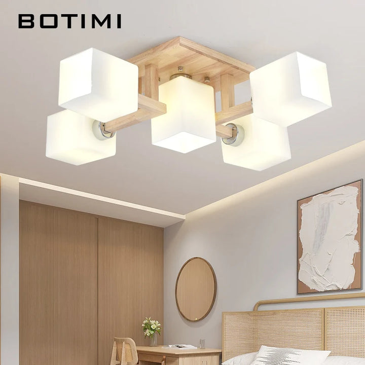 BOTIMI  Natural Wooden Ceiling Lights For Living Room Cube Glass Lampshades Ceiling Mounted Bedroom Lustres Modern Dinning Lamp