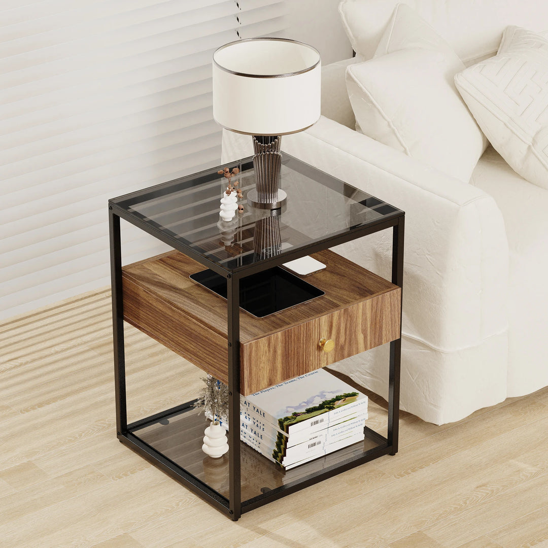 Tempered Glass Nightstand Side Table with Drawer and Shelf