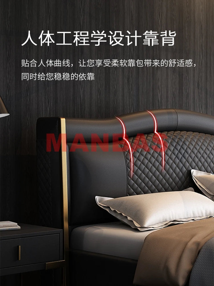 MANBAS Genuine Leather Bed Nordic Double Size Rectangle Bed Frame Nordic King/Queen Size Wedding Lits Designer Upholstered Cama