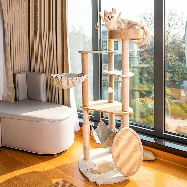 Cat Tree House Wooden Cat Towers Condo Pet Furniture Spacious Sleep Bed for Cat Hammock Sisal Scratching Posts and Cat Toy Balls