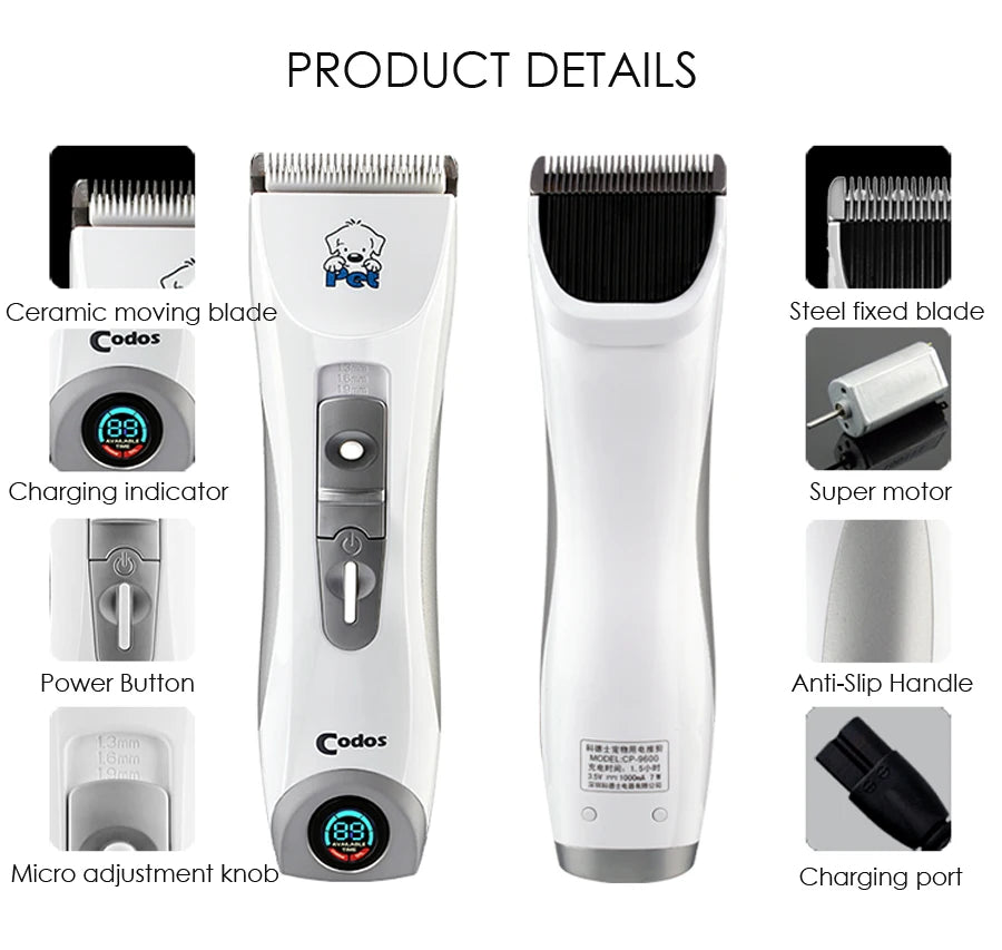 Codos CP9600 Professional Pet Dog Hair Trimmer LCD Display Electrical Animals Grooming Clipper Rechargeable Cat Haircut Machine