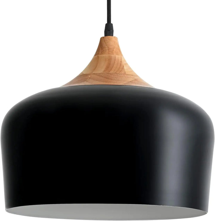 Industrial Pendant Light, Adjustable Wood Ceiling Hanging Lighting with Dome Black Metal Shade，Farmhouse Minimalist Lamp