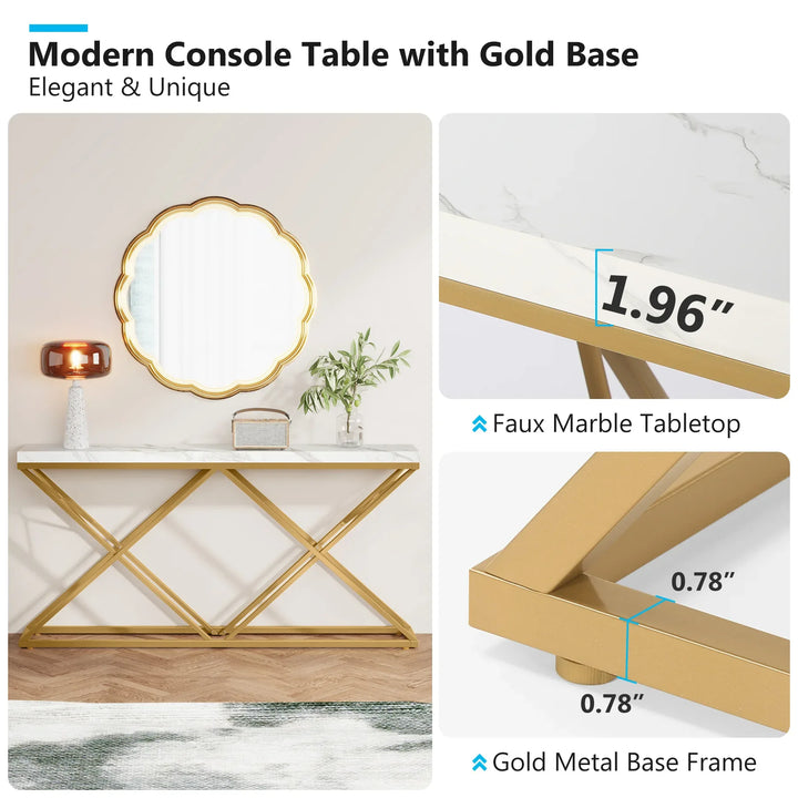 Tribesigns Gold Console Table, Modern 55 inch Entryway Table Narrow Long Sofa Table, Faux Marble White Wood Foyer Table