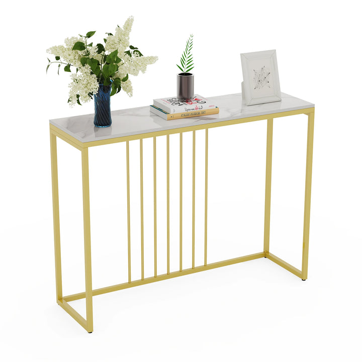 Narrow Modern Accent Console  Table with Sintered Marble Top and Gold Metal Frame