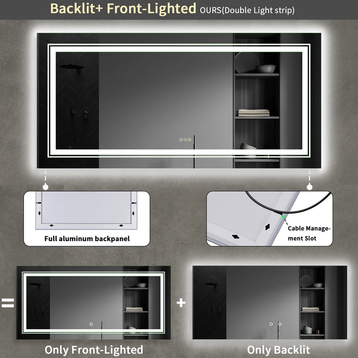 Extra Large Rectangle Bathroom Mirror LED Vanity Dimmable Backlit Anti-Fog Memory with Front and Backlight Shatter-Proof