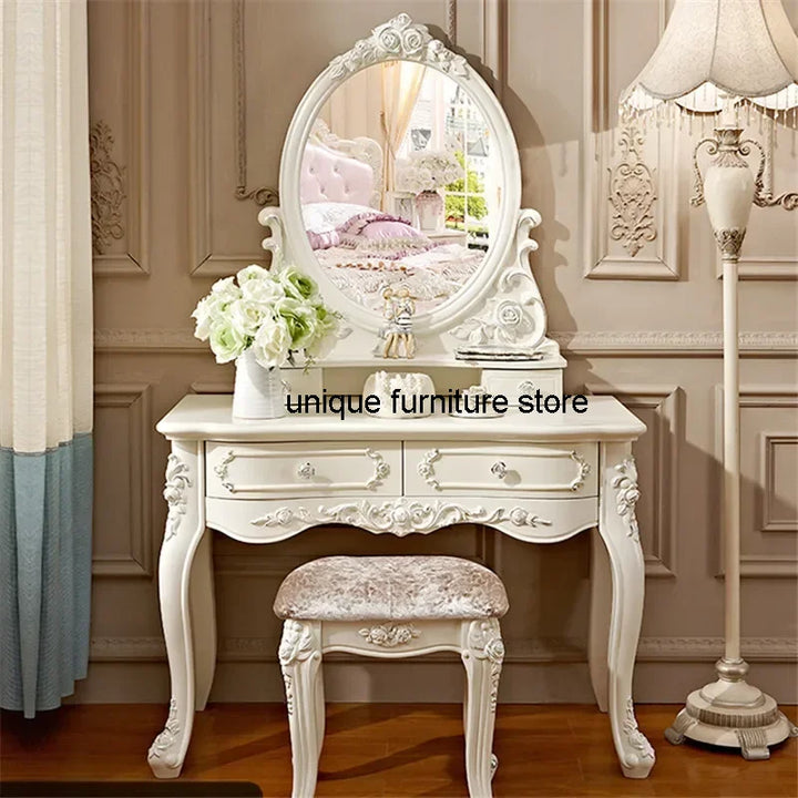 European Dressers Vanity Table Set with Mirror White Makeup Desk with Drawers & Stool - Small Wood Dressing Table for Bedroom