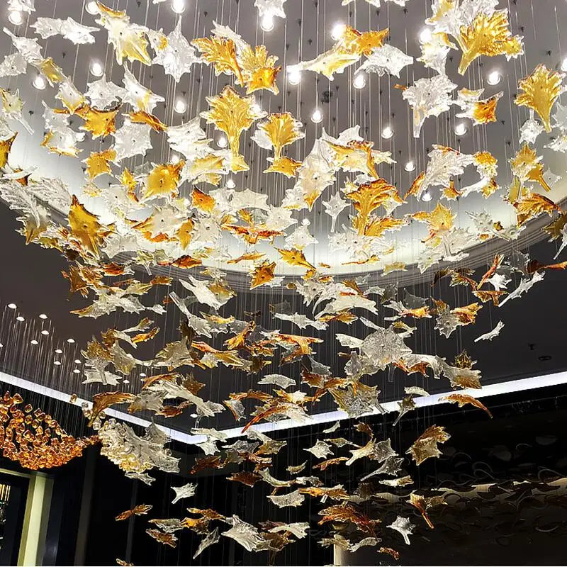 Large Luxury LED Crystal Chandeliers Hotel Hall Villa Lobby Decor Hanging Pendant Lights Fixtures Creative Art Maple Leaf Lustre