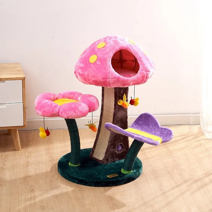 Plush Cat Tree with Flower Mushroom, Safe Comfortable Climbing Tree, Small Mushroom Game, Pet Toys, Fashion Game