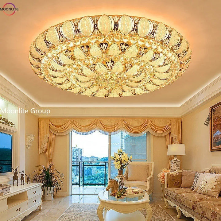 Luxury Gold Large Ceiling Light K9 Shining Dazzling Crystal Ceiling Light Living Room Lotus Shape Golden Home Light Decoration