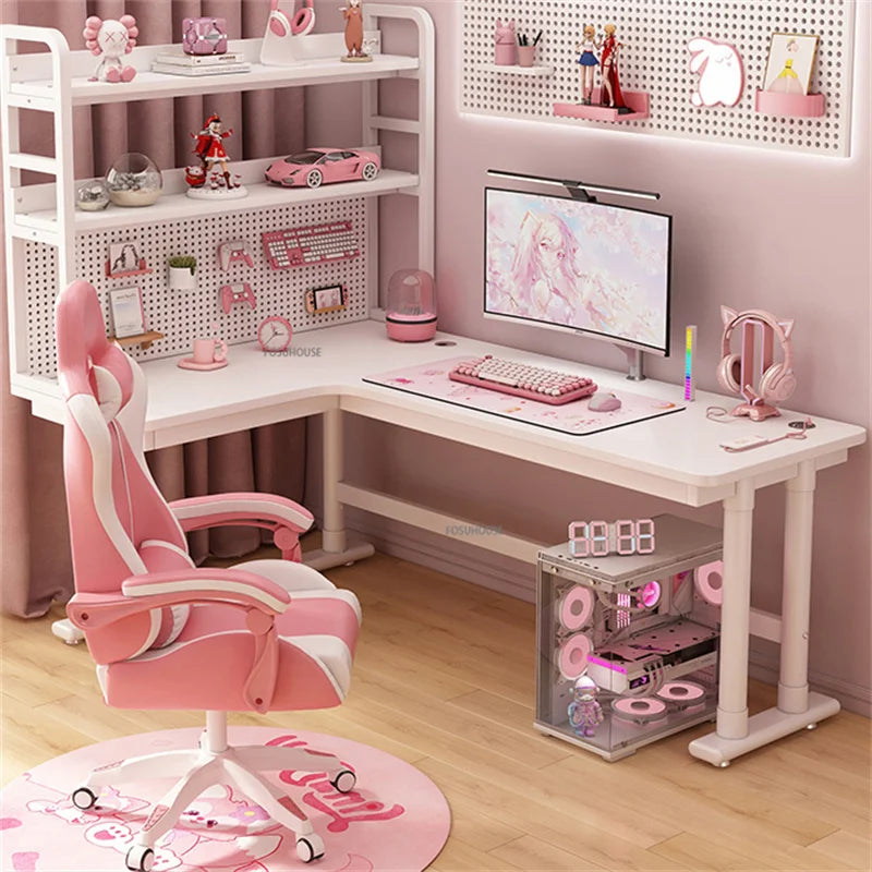 Corner Desktop Computer Desk Bookshelf Integrated Office Furniture Carbon Fiber Computer Table Pink Gaming Desk Girls Study Desk