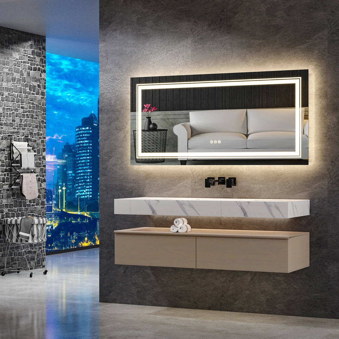 Extra Large Rectangle Bathroom Mirror LED Vanity Dimmable Backlit Anti-Fog Memory with Front and Backlight Shatter-Proof