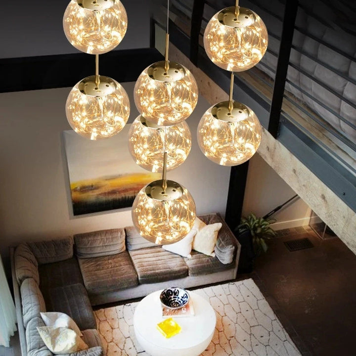 Nordic LED Spiral Staircase Chandeliers Lighting Living Dining Room Villa Hotel Decor Hanging Pendant Lamp Glass Ball Suspension